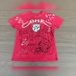 Vintage Y2K OMR SKULL STUDDED RED T L ②